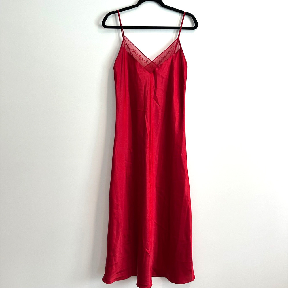 Jones New York Y2k Lingerie Slip Dress Women's Medium Red Satin Lace Trim Sexy